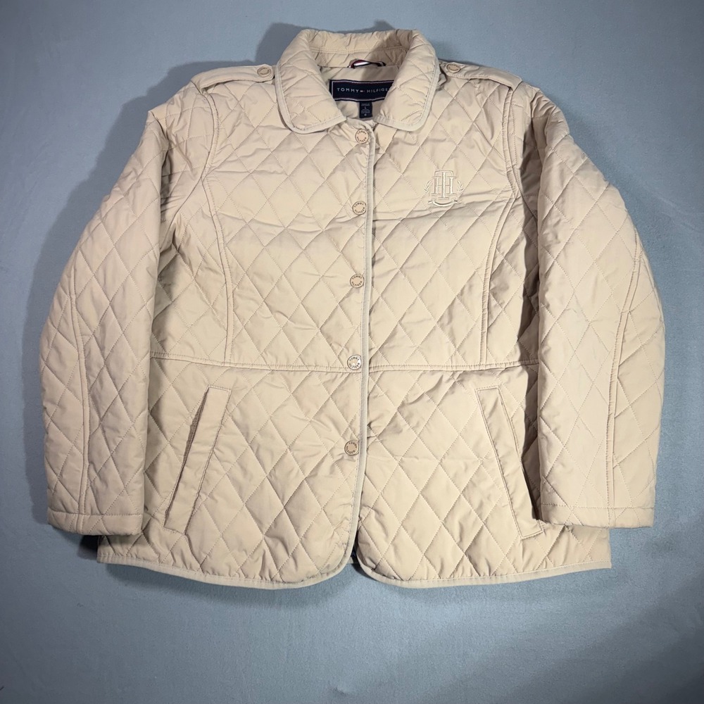 Tommy Hilfiger Quilted Jacket Womens Large Beige Preppy Classic Outerwear